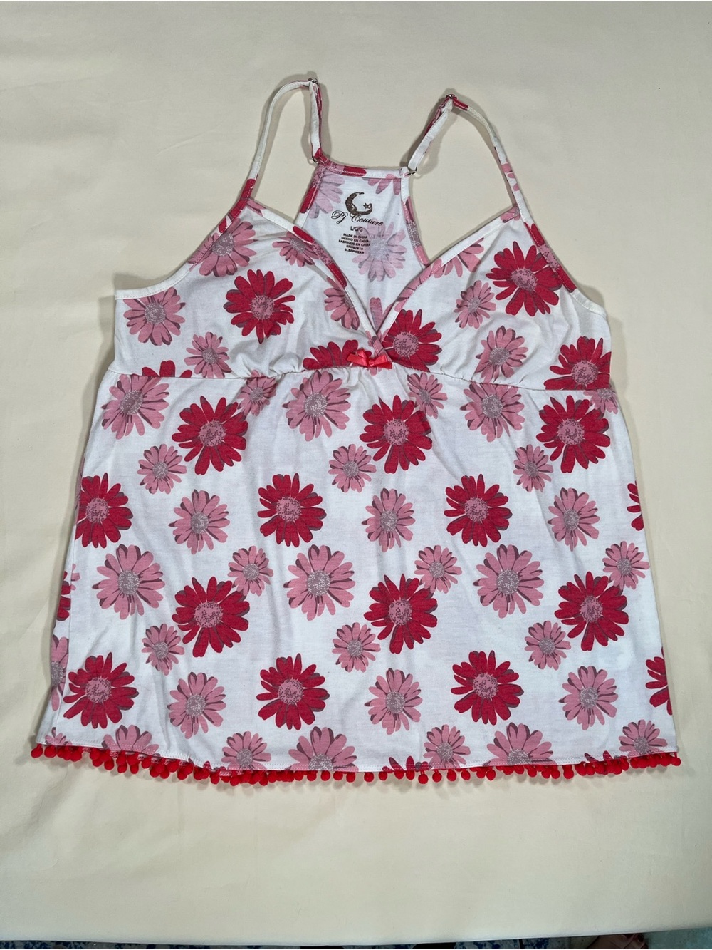 White and Pink Floral pajama top with Pom Pom Hem
